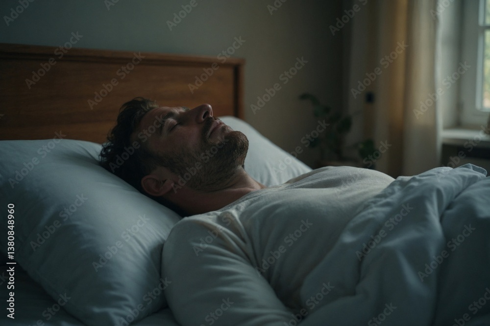 Peaceful Man Lying in Bed Practicing Deep Relaxation Techniques for Better Sleep and Overall Health Peaceful Man Lying in Bed Practicing Deep Relaxation Techniques for Better Sleep and Overall Health