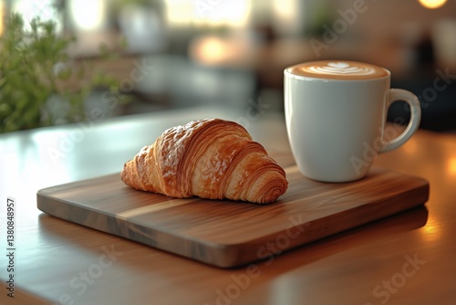 Croissant Served on Wooden Board With Latte in a Cozy Cafe Atmosphere