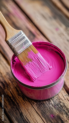 Bright Pink Paint in a Can With a Brush Resting on Wooden Surface