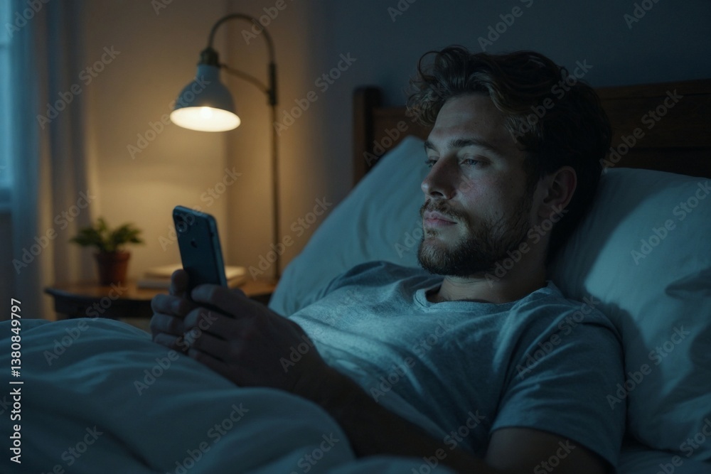 Fototapeta premium Young Man Checking Sleep Analysis App on His Smartphone in Bed at Night, Monitoring Sleep Quality for Digital Wellbeing and Healthy Habits