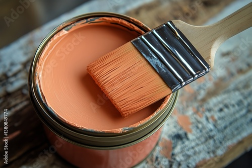 Brush Applying Vibrant Orange Paint From a Metal Can on Wooden Surface