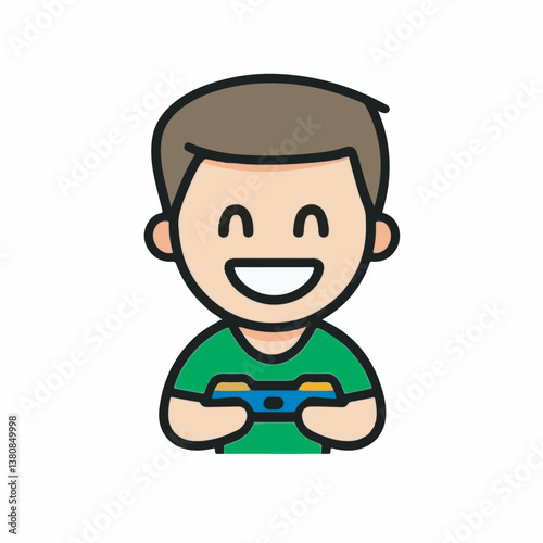 Cartoon boy plays cheerfully holding game controller indoors