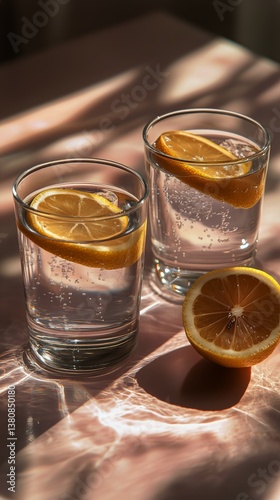 Refreshing Lemon Water Served in Clear Glasses With Vibrant Light and Soft Ba...