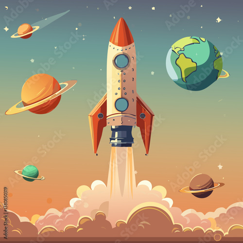 Retro Futuristic Rocket Launch in Outer Space - Vector Illustration