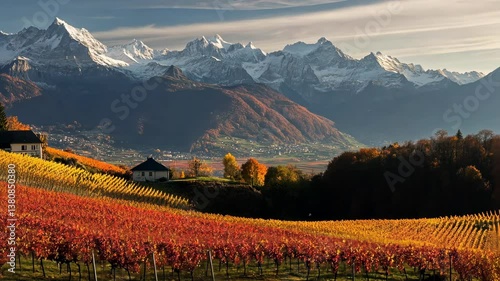 Stunning autumn landscape with vibrant vineyards and snow-capped mountains in Switzerland