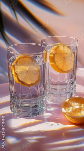 Refreshing Lemon Water Served in Clear Glasses With Vibrant Light and Soft Ba...