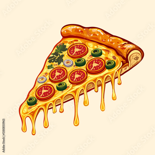 Melting Cheese Pepperoni Pizza Slice Vector Illustration