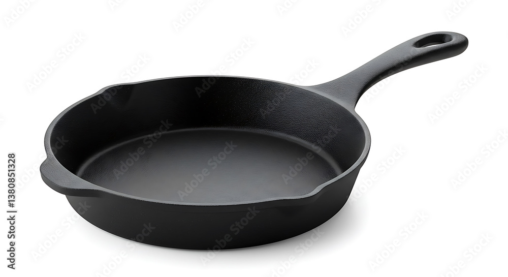 Iron Skillet: A high-angle view of a new, empty black iron skillet against a simple background, ready for cooking. Iron Skillet: A high-angle view of a new, empty black iron skillet against a simple background, ready for cooking.