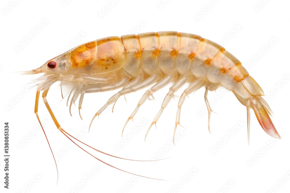 Detailed view of a transparent shrimp showcasing its delicate features and natural colors for educational purposes in marine biology Detailed view of a transparent shrimp showcasing its delicate features and natural colors for educational purposes in marine biology