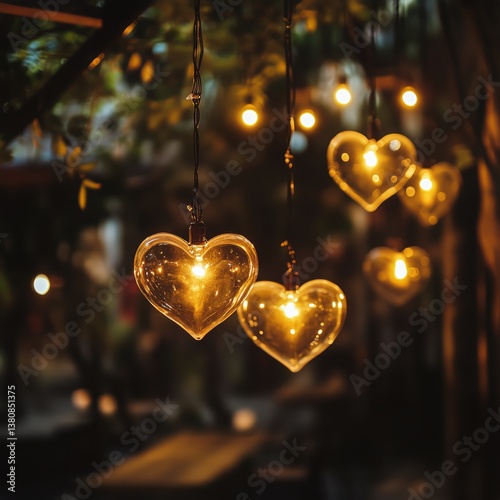 Heart-shaped Lanterns Illuminate a Cozy Outdoor Gathering Space at Night