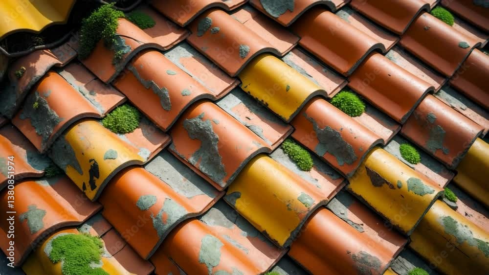 Close-up view of a house roof featuring clay tiles arranged in layers. The tile surface displays indications of age with a worn color and rough texture, along with visible patches of green moss.