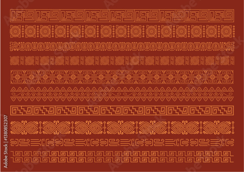 Frets with ornamental geometric figures, ornamental frame, boho figures, pre-Hispanic Aztec geometric figures from Mexico, vector illustration, Abstract line border set