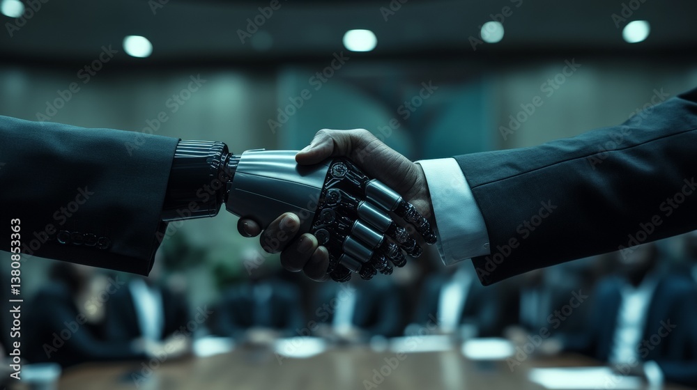 Human and robotic handshake symbolizing futuristic collaboration in business meeting Human and robotic handshake symbolizing futuristic collaboration in business meeting