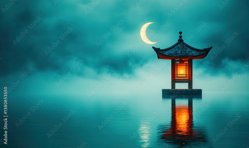 Naklejka premium Glowing pagoda in misty lake under crescent moon at night