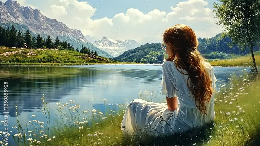 Serene Mountain Lake Escape: A Woman's Peaceful Contemplation by the Water's Edge Serene Mountain Lake Escape: A Woman's Peaceful Contemplation by the Water's Edge
