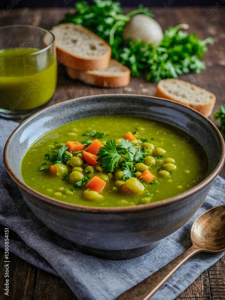 Homemade split pea soup with a parsley garnish. Homemade split pea soup with a parsley garnish.