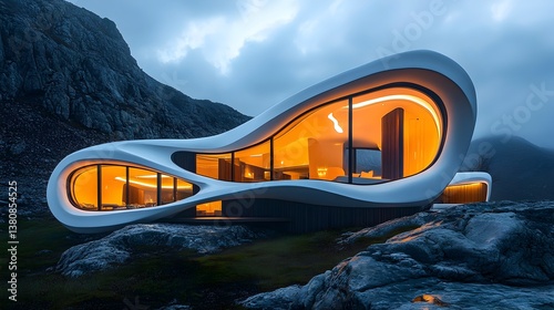 Wallpaper Mural A futuristic organic architectural design home led amongst dramatic mountain rocks glows warmly at twilight. Torontodigital.ca