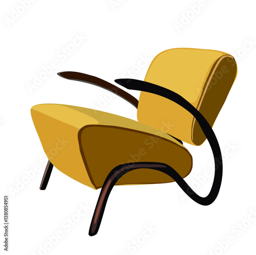 Yellow mustard vintage mid century modern accent arm chair vector realistic illustration isolated on white background. Retro 70s, 80s trendy interior design element.