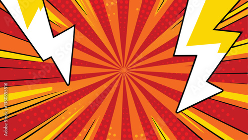 Dynamic Comic Book Explosion Background Red, Orange, Yellow, Lightning Bolts
