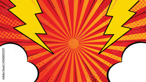 Comic Book Pop Art Background, Red, Yellow, Explosion, Lightning, Power
