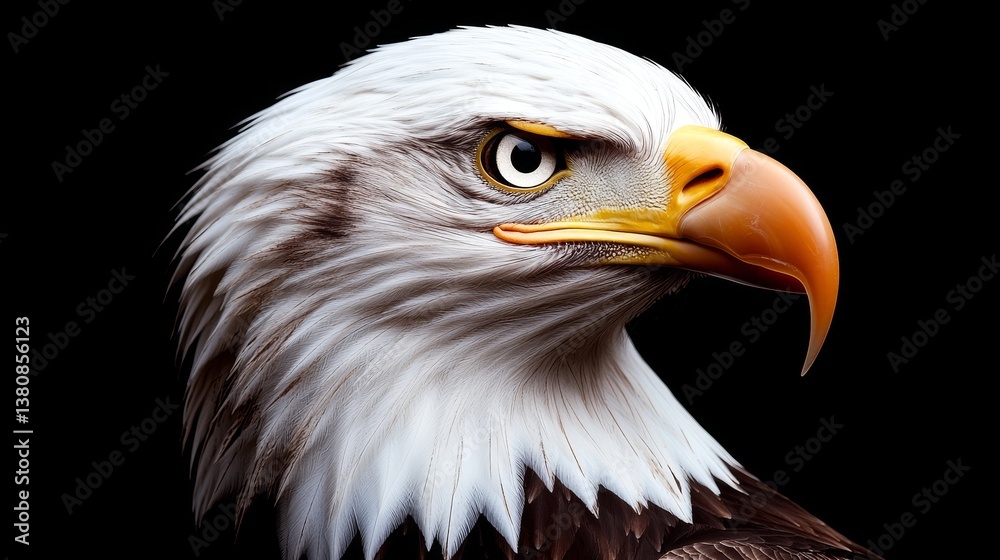 Fototapeta premium Majestic Bald Eagle Portrait Captured Up Close in a Dark Studio Environment for Stunning Wildlife Photography
