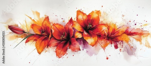 Obraz  z motywem Watercolor Orange Lilies Arrangement on White Background