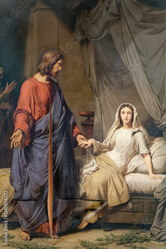 Fototapete Painting (19th century) of miracles of Jesus: the resurrection of the daughter of Jairus