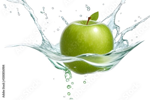 Green Apple with a Refreshing Water Splash Symbolizing Freshness and Health