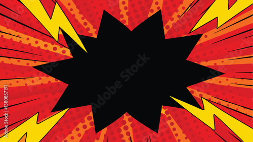 Comic Book Explosion, Pop Art Background, Dynamic Energy, Red Burst, Black Star, Graphic Design, Ret
