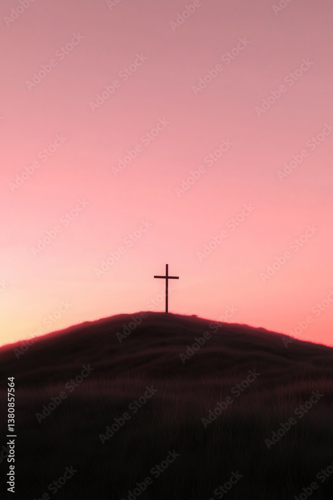 Obraz premium Hilltop Silhouette: Serene cross on a hill against a soft pink sky at dusk, symbolizing hope and faith.