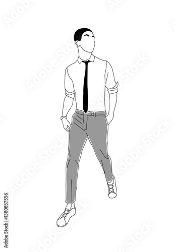 Yong man walking front view. Business man in smart casual clothes hand drawn vector sketch illustration isolated