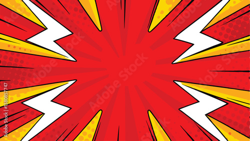 Comic Book Pop Art Background Red, Yellow, Lightning Bolts