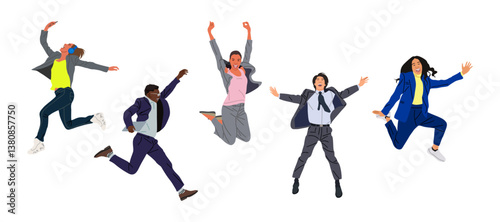 Set of different business people jumping for joy, celebrating success. Cartoon excited female and male characters in formal, casual office outfits. Vector  illustration isolated