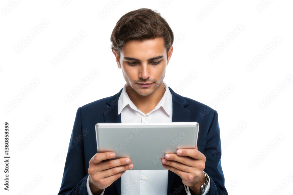 Professional man reading on digital tablet while dressed in formal attire for business setting Professional man reading on digital tablet while dressed in formal attire for business setting