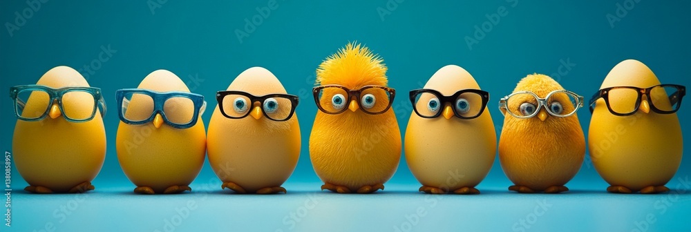 Quirky Easter eggs wearing stylish glasses lined up against a vibrant teal background, showcasing unique personalities through different eyewear and playful expressions.