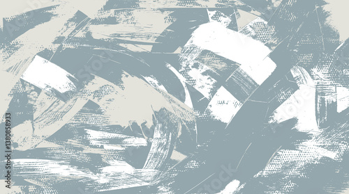 Monochromatic abstract painting with broad, sweeping brushstrokes in a muted blue-gray palette, contrasted with soft whites