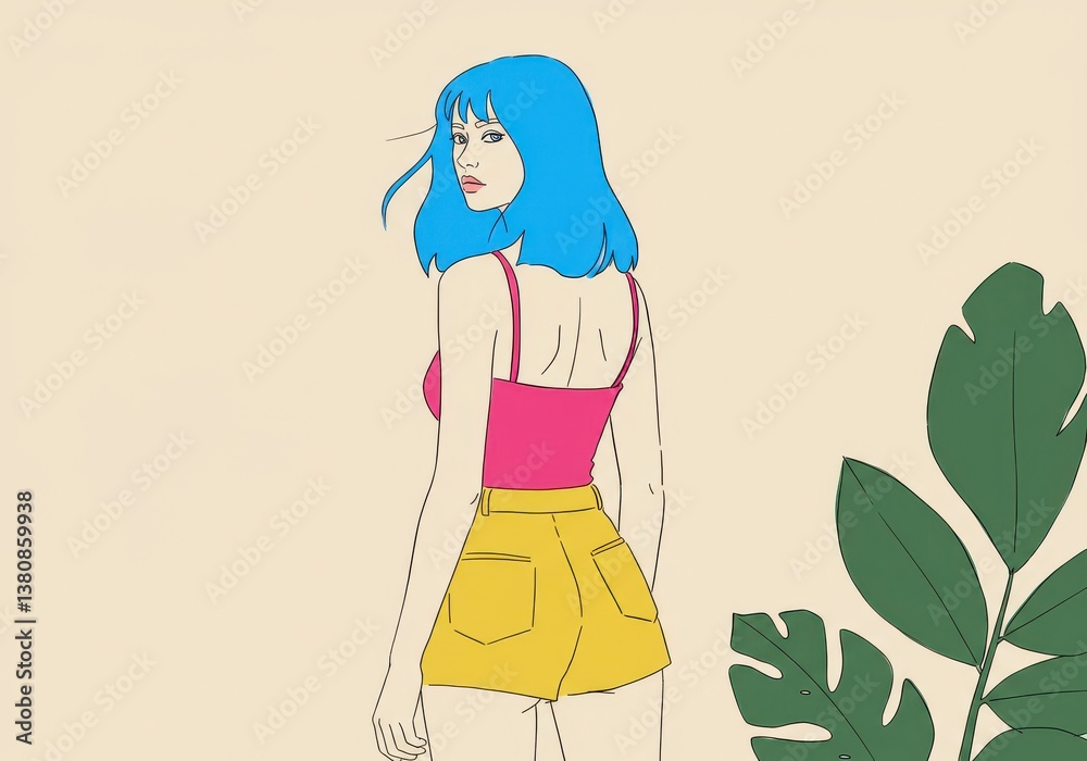 Illustration of a woman with blue hair wearing a pink top and yellow shorts looking back over shoulder Illustration of a woman with blue hair wearing a pink top and yellow shorts looking back over shoulder