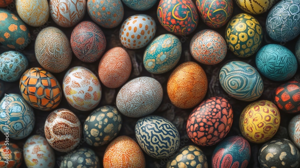 Intricate Easter eggs with mesmerizing patterns and textures, showcasing a stunning collection of hand-painted and decorated eggs in rich, earthy color palette.