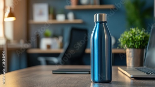 Blue Metallic Water Bottle on Wooden Desk in Modern Office