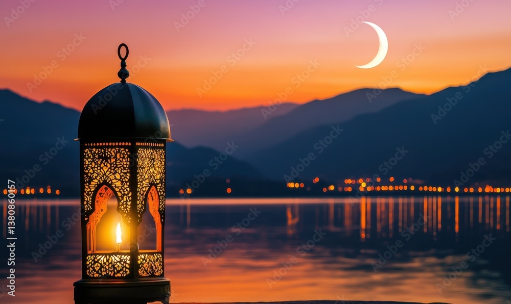 Lantern by lake at sunset with crescent moon, Ramadan theme Lantern by lake at sunset with crescent moon, Ramadan theme