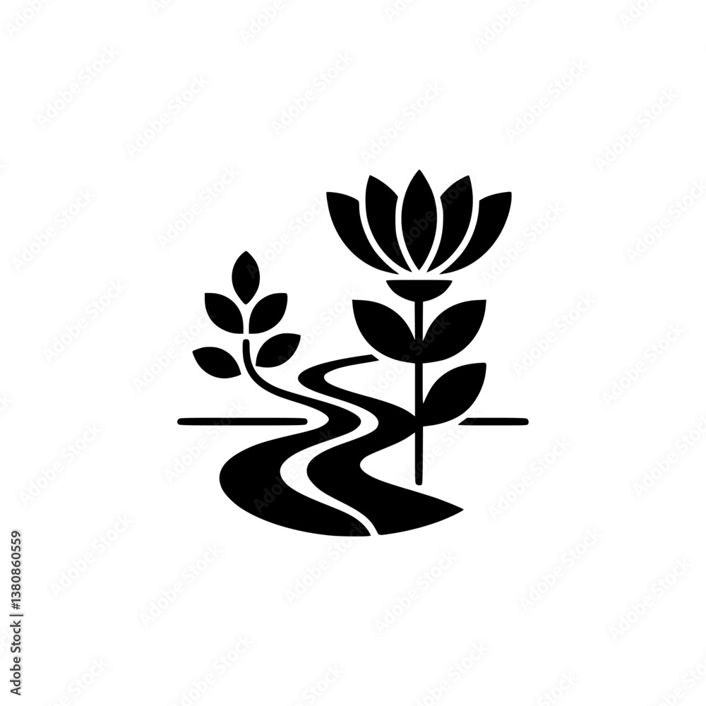 Minimalist Black Lotus, Plant, and River Logo on White Minimalist Black Lotus, Plant, and River Logo on White