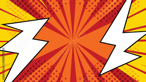 Comic Book Style Background, Dynamic Energy, Orange, Yellow, Red, Exploding, Radiating, Lightning Bo