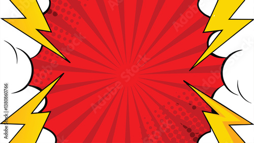 Comic Book Explosion, Red Radial Burst, Dynamic Power, Lightning Bolts, Pop Art Design