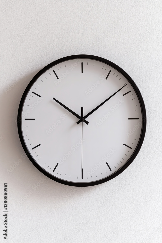 A simple black and white wall clock showing ten past ten against a plain white textured wall. A simple black and white wall clock showing ten past ten against a plain white textured wall.