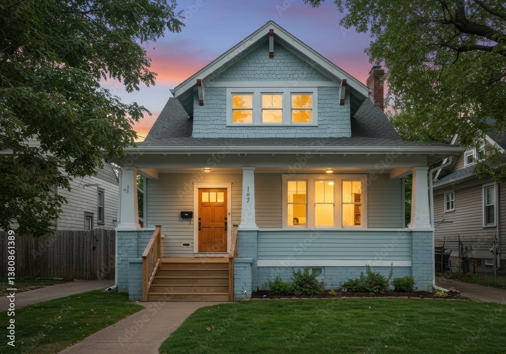 Exterior view of a light blue house with a brown door and green lawn at dusk in a neighborhood setting Exterior view of a light blue house with a brown door and green lawn at dusk in a neighborhood setting
