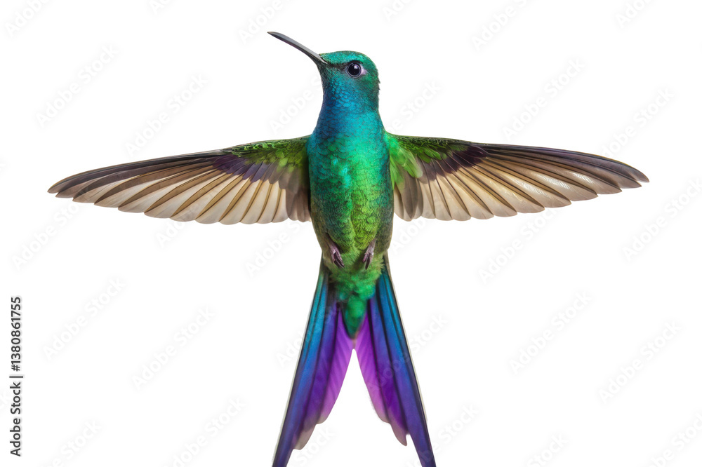 Obraz premium Vibrant hummingbird in mid-flight showcasing iridescent feathers and stunning coloration