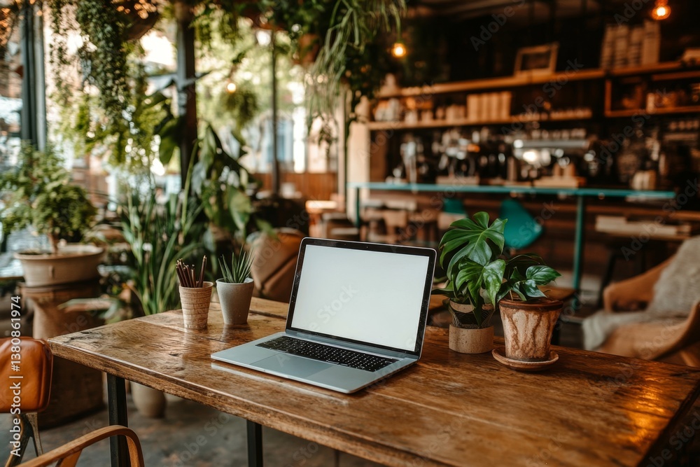 Laptop on a wooden table in a cafe Laptop on a wooden table in a cafe