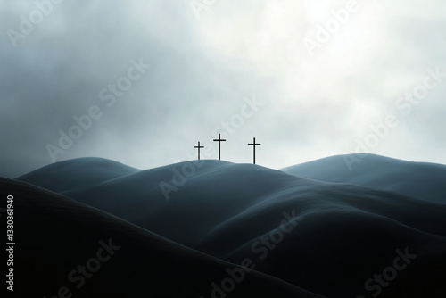 Silhouette of three crosses atop rolling hills under a cloudy sky evoking solemnity and quiet reflection.