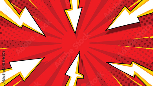 Red Comic Book Background, Pop Art, Energy, Dynamic, Lightning Bolts, Explosion, Radial, Rays, Desig