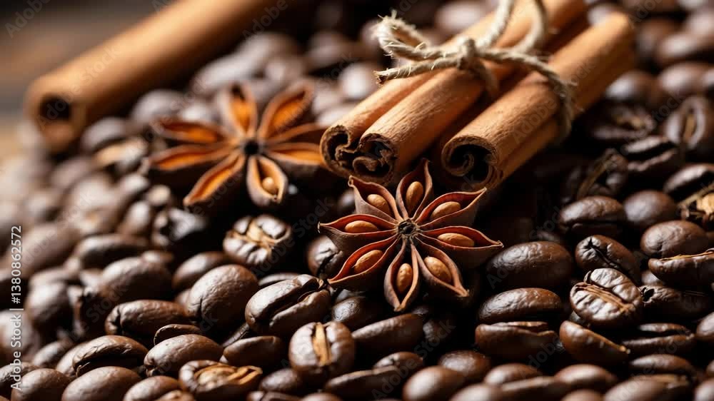 Close-up of bundled cinnamon sticks and anise atop a pile of roasted brown whole beans.
